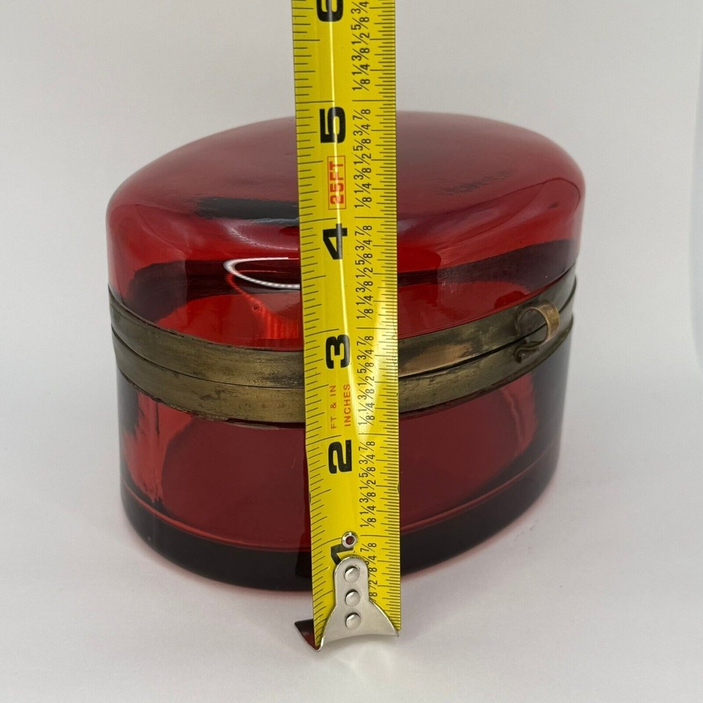 Antique Red Cranberry Crystal Hinged Casket Box Bohemian‎ French Brass Oval Rare - Picture 13 of 14